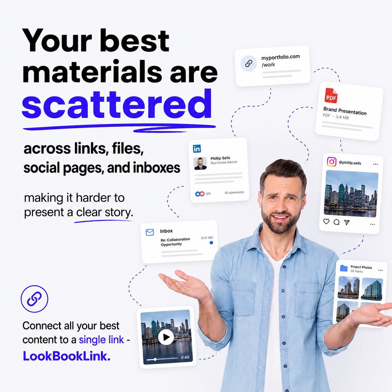 A confused professional surrounded by scattered links, files, social pages, and inboxes, showing how LookBookLink connects content into one branded link.